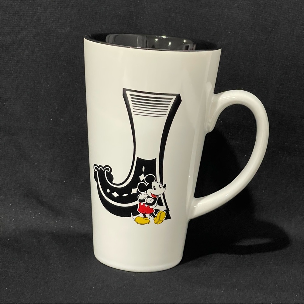 Disney Mickey Mouse Monogram 16 oz Coffee Mug White & Black Ceramic Letter J